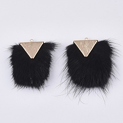 Black Faux Mink Fur Tassel Pendant Decorations, with Brass Findings, Light Gold, Black, 40~42x20~30x5.5~7mm, Hole: 2mm