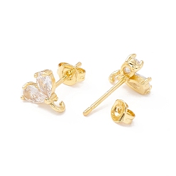 Clear Rack Plating Brass Cubic Zirconia Stud Earrings Findings, Real 18K Gold Plated, with Loop, Cadmium Free & Lead Free, Heart, Clear, 9x8.5mm, Hole: 1.5mm, Pin: 1mm
