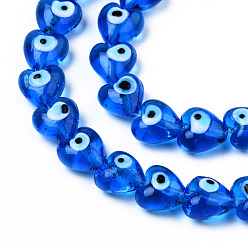 Dodger Blue Handmade Evil Eye Lampwork Beads Strands, Heart, Dodger Blue, 12~12.5x12~13x7.5mm, Hole: 1.2mm, about 33pcs/strand, 14.76 inch(37.5cm)