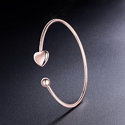 Rose Gold SHEGRACE 925 Sterling Silver Cuff Bangle, with Heart and Bead, Torque Bangles, Rose Gold, 55mm(2-1/8 inch)