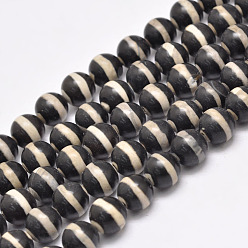 Black Natural Tibetan Striped Pattern dZi Agate Beads Strands, Round, Dyed & Heated, Black, 10mm, Hole: 1.5mm, about 35pcs/strand, 13.9 inch