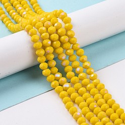 Yellow Electroplate Opaque Solid Color Glass Beads Strands, Half Rainbow Plated, Faceted, Rondelle, Yellow, 4x3mm, Hole: 0.4mm, about 123~127pcs/strand, 16.5~16.9 inch(42~43cm)