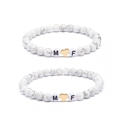 Howlite 2 Ensemble de bracelets extensibles en howlite naturelle, coeur et mot m et f bracelets de couple en perles acryliques pour les amoureux des meilleurs amis, diamètre intérieur: 2 pouce (5.2 cm)
