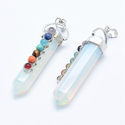 Opalite Chakra Jewelry, Opalite Double Terminated Pointed Pendants, with Natural & Synthetic Mixed Stone Alloy Findings, Bullet, Platinum, 58~61x16.5~18x15.5~16mm, Hole: 4.5x7.5mm