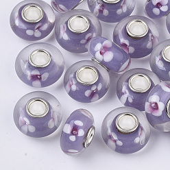 Medium Purple Handmade Lampwork European Beads, Inner Flower, Large Hole Beads, with Silver Color Plated Brass Single Cores, Rondelle, Medium Purple, 14x7.5mm, Hole: 4mm