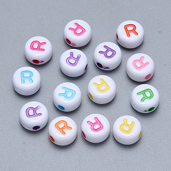 Letter R Craft Acrylic Horizontal Hole Letter Beads, Flat Round, Mixed Color, Letter.R, 7x3.5~4mm, Hole: 1.5mm, about 3600pcs/500g