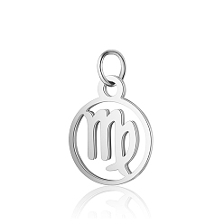 Virgo 304 Stainless Steel Charms, with Jump Rings, Polished, Flat Round with Constellation, Virgo, 13x11x1mm, Hole: 2.5mm