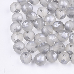 Silver Autumn Theme Electroplate Transparent Glass Beads, Frosted, Round with Maple Leaf Pattern, Silver, 8~8.5mm, Hole: 1.5mm