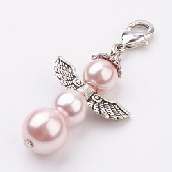 Pink Alloy Pendants, with Brass Lobster Claw Clasps and Glass Pearl, Angel, Antique Silver, Pink, 47mm