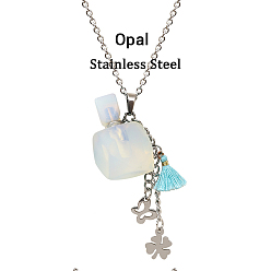 Opalite Collier pendentif flacon de parfum en opalite avec breloques fleur papillon et pompon en acier inoxydable, bijoux de fiole d'huile essentielle pour les femmes, 18.11 pouce (46 cm)