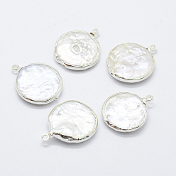 Silver Natural Cultured Freshwater Pearl Pendants, with Brass Findings, Flat Round, Silver, 20~26x16~20x4~6mm, Hole: 1mm
