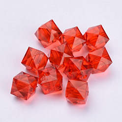 Rouge Perles acryliques transparentes, facette, cube, rouge, 20x20x18mm, trou: 2.5 mm, environ 120 pcs / 500 g