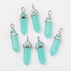 Aquamarine Bullet Imitation Jade Glass Pointed Pendants, with Alloy Findings, Aquamarine, 39x12mm, Hole: 3x4mm