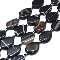Black Natural Banded Agate/Striped Agate Beads Strands, Dyed & Heated, Twist, Black, 23~27x18~21x5~7mm, Hole: 2~2.5mm, about 13pcs/strand, 16.1 inch~16.5 inch(41~42cm)