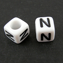 Letter N Lettre acrylique européenne perles, trou horizontal, cube, letter.n, 10x10x10mm, Trou: 3.5~4mm, environ598 pcs / 500 g