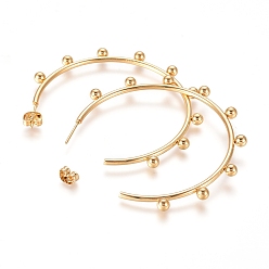 Golden 304 Stainless Steel Stud Earrings, Half Hoop Earrings, Hypoallergenic Earrings, with Round Beads and Earring Backs, Golden, 57x58x4mm, Pin: 0.7mm