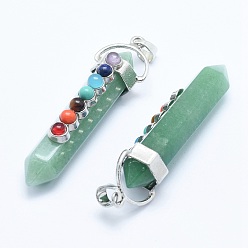 Green Aventurine Chakra Jewelry, Natural Green Aventurine Double Terminated Pointed Pendants, with Natural & Synthetic Mixed Stone Alloy Findings, Bullet, Platinum, 58~61x16.5~18x15.5~16mm, Hole: 4.5x7.5mm