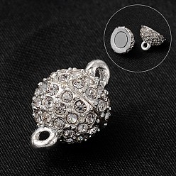 Silver Round Alloy Rhinestone Magnetic Clasps with Loops, Silver Color Plated, 16x10mm, Hole: 1mm