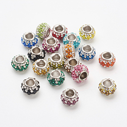 Mixed Color Austrian Crystal European Beads, Large Hole Beads, 925 Sterling Silver Core, Rondelle, Mixed Color, 11x7.5mm, Hole: 4.5mm