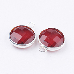 Dark Red Silver Color Plated Brass Glass Flat Round Charms, Faceted, Dark Red, 12x8.5x3mm, Hole: 1.5mm