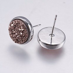 Terre De Sienne Boucles d'oreilles en résine druzy, avec accessoires en laiton, plat rond, Sienna, 9.5x16~16.5 mm, broches: 0.8 mm