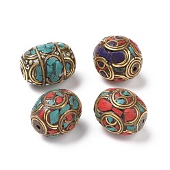 Mixed Color Handmade Tibetan Style Brass Beads, with Synthetic Turquoise, Oval, Mixed Color, 18.5~20x15.5~17x15.5~17mm, Hole: 1.5mm