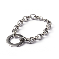 Stainless Steel Color Ring 304 Stainless Steel Link Bracelets, with Lobster Claw Clasps, Stainless Steel Color, 8-5/8 inch(220mm), 10mm