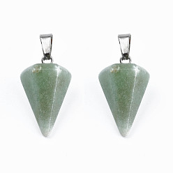 Green Aventurine Cone/Spike/Pendulum Natural Green Aventurine Stone Pendants, with Platinum Plated Iron Findings, 25~27x14x14mm, Hole: 6x3mm