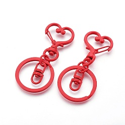 Red Iron Heart Split Key Rings, Keychain Clasp Findings, Lead Free & Nickel Free, Red, 68x30x6mm