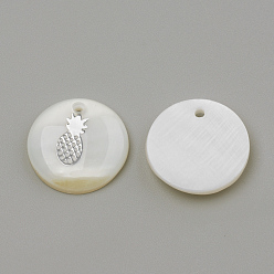 Platinum Freshwater Shell Pendants, Flat Round & Pineapple, Platinum, 16x3.5~4mm, Hole: 1.2mm
