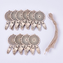 BurlyWood Wood Big Pendant Decorations, with Hemp Rope, Woven Net/Web with Feather, BurlyWood, 79.5x55x2.5mm, Hole: 2mm, Rope: about 36.5~37cm long, 10pcs/bag