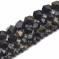 Golden Sheen Obsidian Natural Golden Sheen Obsidian Beads Strands, Star Cut Round Beads, Faceted, 10x9~10mm, Hole: 1mm, about 36~38pcs/strand, 14.2~14.6 inch