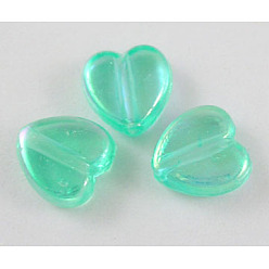Green Transparent Acrylic Beads, Heart, Green, AB, Size: about 8mm wide, 3mm thick, hole: 1mm, about 2800pcs/500g
