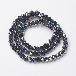 Black Electroplate Opaque Glass Beads Strands, Half Green Plated, Faceted, Rondelle, Black, 4x3mm, Hole: 0.4mm, about 130pcs/strand, 16.54 inch(42cm)