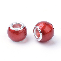 Dark Red Glass ABS Plastic Imitation Pearl European Beads, Large Hole Beads, Rondelle, with Silver Color Plated Brass Cores, Dark Red, 11.5~12x9~10mm, Hole: 5mm