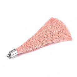 Pink Fiber Tassel Big Pendant Decorations, with Platinum Plated Brass Finding, Pink, 70~73x7~25mm, Hole: 1.8mm