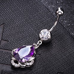 Dark Orchid Brass Cubic Zirconia Navel Ring, Belly Rings, with 304 Stainless Steel Bar, Cadmium Free & Lead Free, teardrop, Dark Orchid, 46mm, Bar: 15 Gauge(1.5mm), Bar Length: 3/8"(10mm)