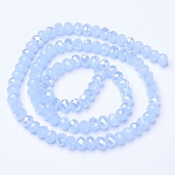 Light Sky Blue Electroplate Glass Beads Strands, Imitation Jade Beads, AB Color Plated, Faceted, Rondelle, Light Sky Blue, 6x5mm, Hole: 1mm, about 92~94pcs/strand, 17~17.5 inch(42.5~43.75cm)