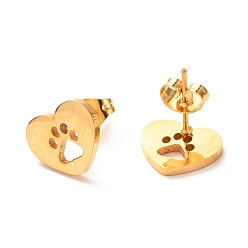Golden Ion Plating(IP) 304 Stainless Steel Stud Earrings, Heart with Dog Paw Prints, Golden, 12x10mm, Pin: 0.8mm