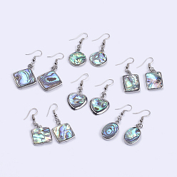 Platinum Abalone Shell/Paua Shell Dangle Earrings, with Brass Findings, Mixed Shapes, Platinum, 38~58mm, Pin: 0.7mm