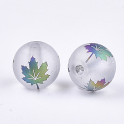 Colorful Autumn Theme Electroplate Transparent Glass Beads, Frosted, Round with Maple Leaf Pattern, Colorful, 8~8.5mm, Hole: 1.5mm