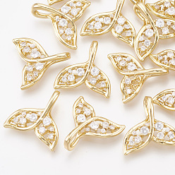Real 18K Gold Plated Brass Cubic Zirconia Pendants, Whale Tail Shaped, Clear, Real 18K Gold Plated, 16x16.5x2.5mm, Hole: 2x6.5mm
