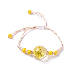 Or Bracelet à maillons de fleurs pressées à sec fait à la main pour fille femme, bracelet réglable en perles de verre babysbreath, or, diamètre intérieur: 5/8~ 3-1/8 pouce (1.5~7.9 cm)