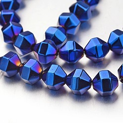 Blue Plated Electroplate Non-magnetic Synthetic Hematite Bead Strands, Polygon, Blue Plated, 8x8mm, Hole: 1mm, about 51pcs/strand, 15.7 inch