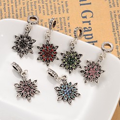 Mixed Color Flower Alloy Rhinestone European Dangle Charms, Mixed Color, 36mm, Hole: 5mm