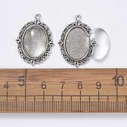 Antique Silver DIY Pendant Making, with Tibetan Style Alloy Pendant Cabochon Settings and Transparent Oval Glass Cabochon, Antique Silver, Cabochon Setting: 29.5x22mm, Glass: 18x13x4~5mm