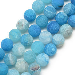 Deep Sky Blue Natural Weathered Agate Bead Strands, Frosted, Dyed, Round, Deep Sky Blue, 10~10.5mm, Hole: 1.5mm, about 37pcs/strand, 14.6 inch