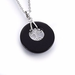Mixed Stone Natural & Synthetic Mixed Stone Pendant Necklaces, with 304 Stainless Steel Findings, Flat Round with Tree, 19.68 inch(50cm), Pendant: 40x28x6mm