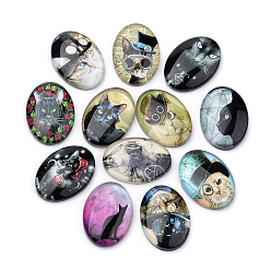 Mixed Color Flat Back Glass Kitten Cabochons, for DIY Projects, Cat Pattern, Oval, Mixed Color, 25x18x5.5mm