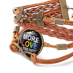 Mot Bracelet de fierté arc-en-ciel, plus d'amour moins de haine plat rond et liens papillon bracelet multi-rangs pour hommes femmes, chocolat, mot, 7-1/4 pouce (18.5 cm)
